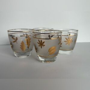Vintage MCM Libbey Frosted Low Ball Rocks Glasses w/Gold Leaf Leaves - Set of 8